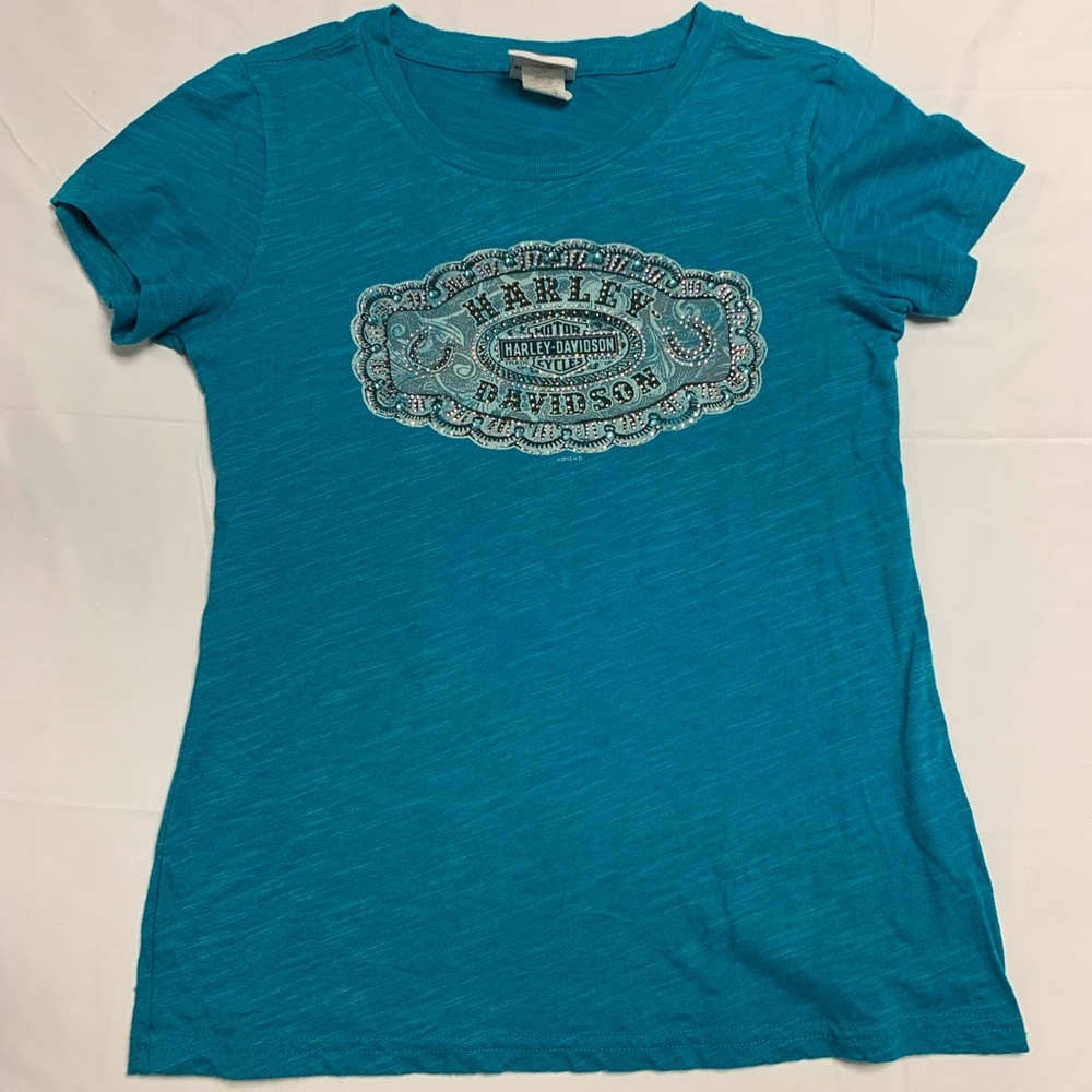 Harley-Davidson womens tank with rhinestone Harley detail. Blue/teal in color.